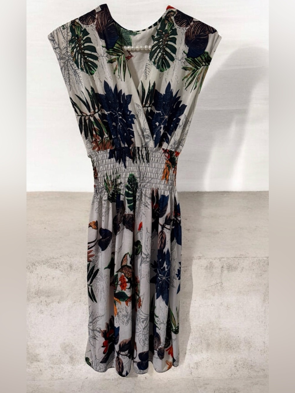 Floral Print V-Neck Smocked Waist Dress in White